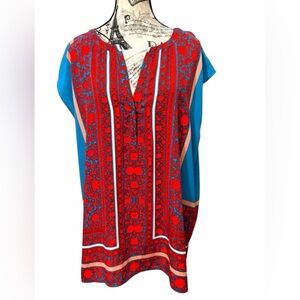 Chaus Red and Blue Sleeveless Tunic with Mandarin Collar